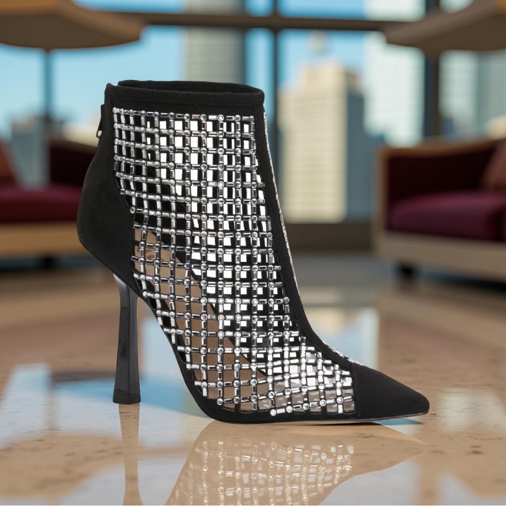 INC NWT Black & Silver See Peek-Boo Rhinestone Heeled Ankle Boots (SH088)